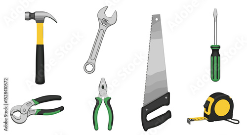 Assorted hand tools vector illustration featuring hammer wrench saw screwdriver and pliers for diy projects