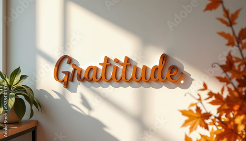 Gratitude wall art display with shadows and autumn leaves in room  