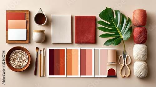Flat lay of colorful craft supplies arranged neatly on a neutral beige surface