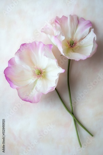 Delicate, pastel-hued flowers on a light background.  Two blossoms, soft pink and cream, with delicate centers, sit atop a marbled surface