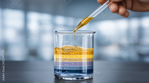 Laboratory Testing of Toxic Water Samples: Pipette and Beaker with Floating Labels of PFAs, Lead, Mercury, and Cadmium A high-resolution image showing a pipette over a glass contai