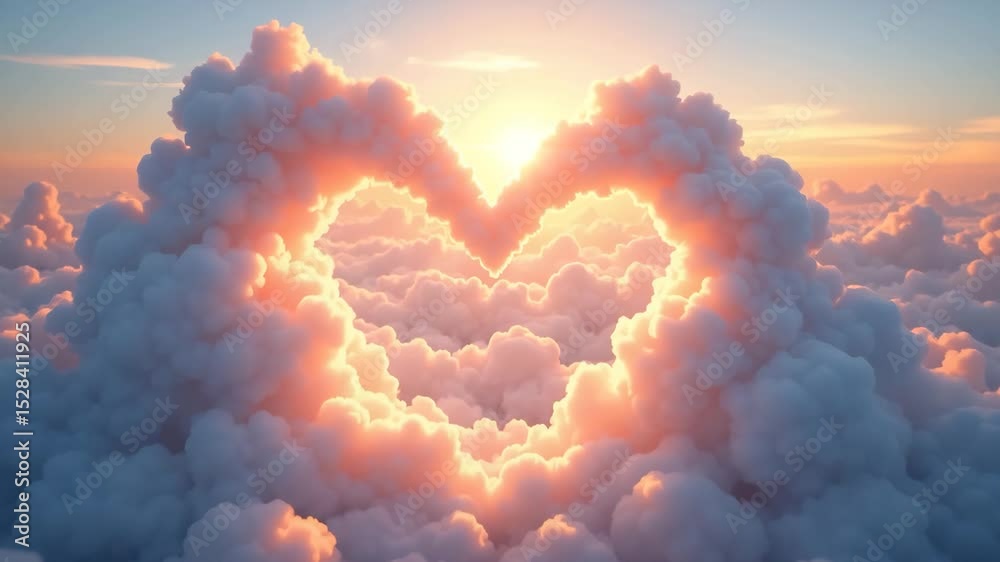 Heart shaped clouds at sunset, romantic cloudscape with sun shining through heart, idyllic scene for love and romance concept. Perfect image for Valentine's Day cards or romantic themed projects.