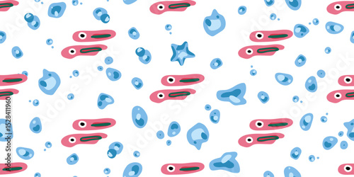 Cute Fish Pair Seamless Pattern. Funny small cartoon fish in pink color swimming in pairs among abstract blue sea shapes, flat style, playful look, white background.