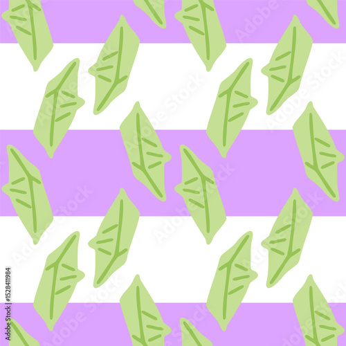 Paper Boat Seamless Pattern Design. Green paper boats on wavy lilac and white striped background, seamless playful pattern in flat minimal style.