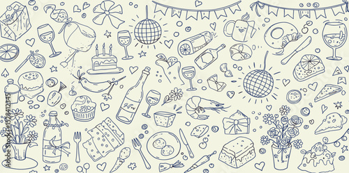 Contemporary minimalist line art seamless pattern with food, candles, drinks and decor doodles. Hand drawn dinner party background. Coquette ink menu texture.