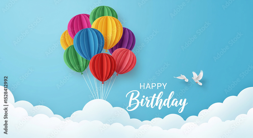 Obraz premium Colorful paper balloons float above clouds, doves fly nearby 