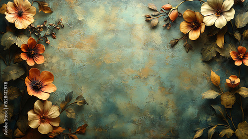 Autumnal Floral Border on Rustic Teal Background - Elegant Fall Design