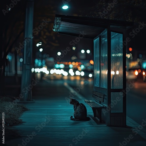 A cat sits alone at a night bus stop