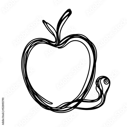 Outline of a stylized apple with a worm, minimalist design, black and white illustration, representing temptation and knowledge, concept of education or health branding