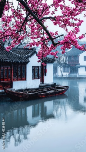 Serene waterside houses beneath a blossoming pink spring tree. Misty morning light reflects on calm water