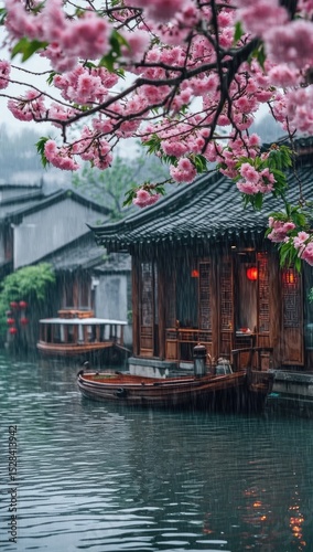 Misty canal scene with traditional houses and blossoming pink cherry trees