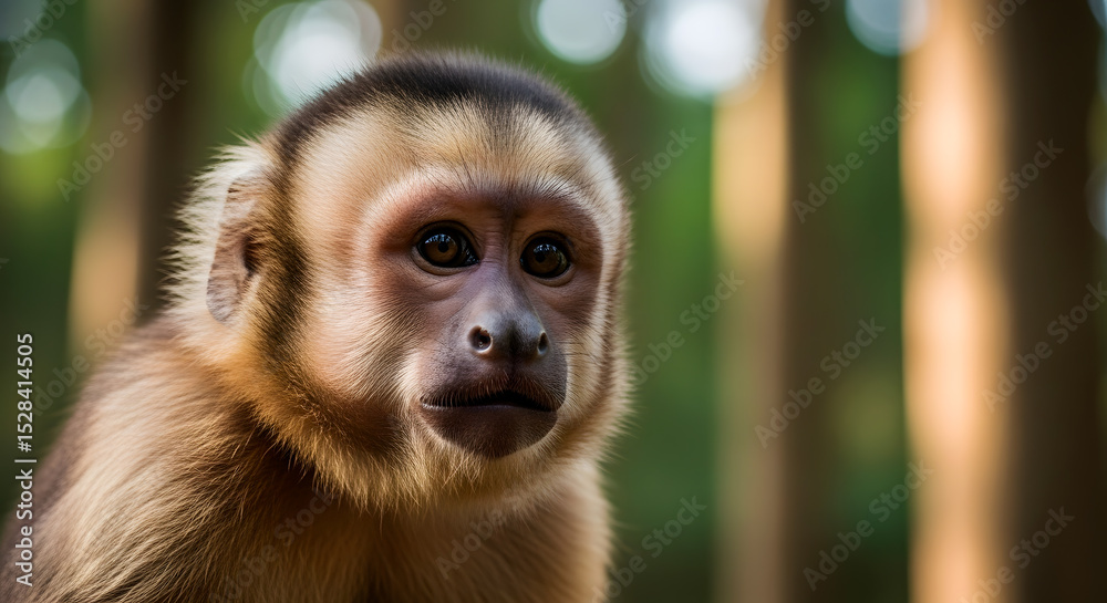 Naklejka premium Capuchin Monkey Looking Alert in Sunlit Forest 