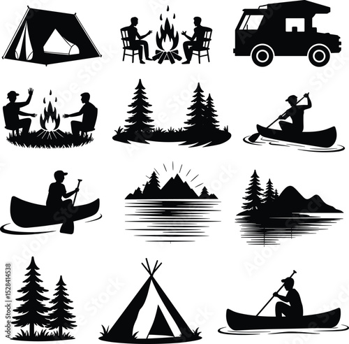 Outdoor Adventure Silhouette Set: Camping, Hiking, Boating, and Nature Scenes for Outdoor Design