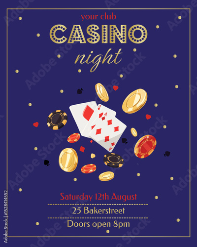 Flyer, poster, billboard, casino night, gambling, playing chips, playing cards, poker, gold coins