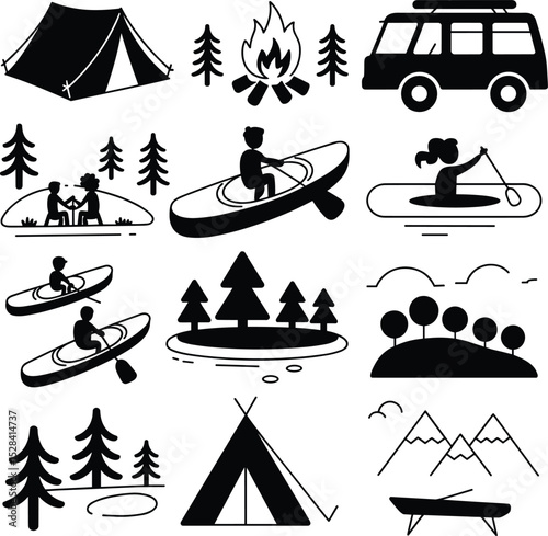 Outdoor Adventure Silhouette Collection: Camping, Boating, and Nature Scenes for Outdoor Design