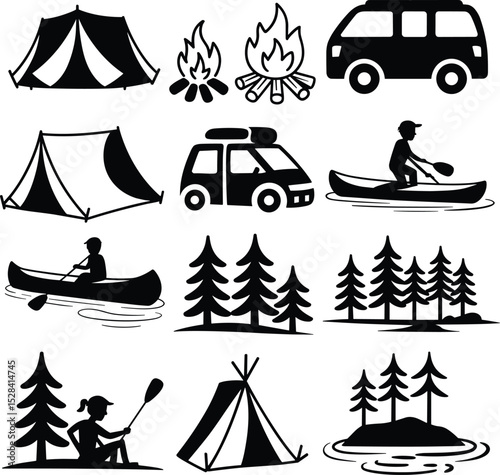 Outdoor Adventure Silhouette Set: Camping, Boating, and Nature Scenes for Outdoor Design