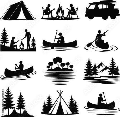 Outdoor Adventure Silhouette Collection: Camping, Hiking, Boating, and Nature Scenes for Outdoor Design