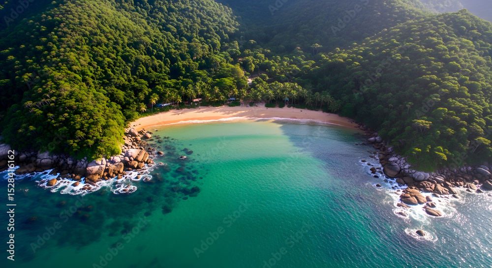 Obraz premium Tropical Beach with Lush Green Forest and Turquoise Water 