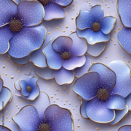 A gorgeous seamless 3D render pattern of vibrant blue and purple flowers with shimmering gold and white accents, creating a lush and opulent floral arrangement that is both modern and elegant.