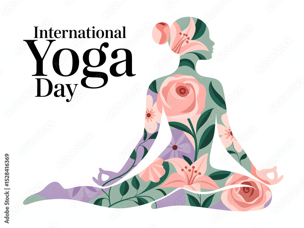 Fototapeta premium Celebrate International Yoga Day Floral Yoga Pose Vector Art Banner
