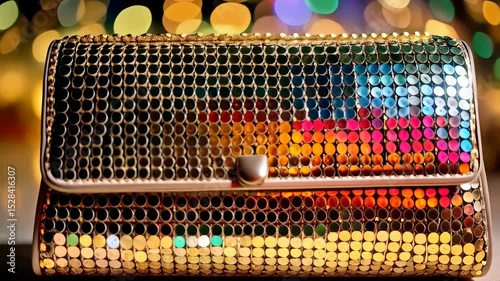 Elegant handbag with metallic, iridescent, shimmering sequins, illuminated by festive bokeh lights, creating a luxurious and celebratory aesthetic, reflecting vibrant colors.