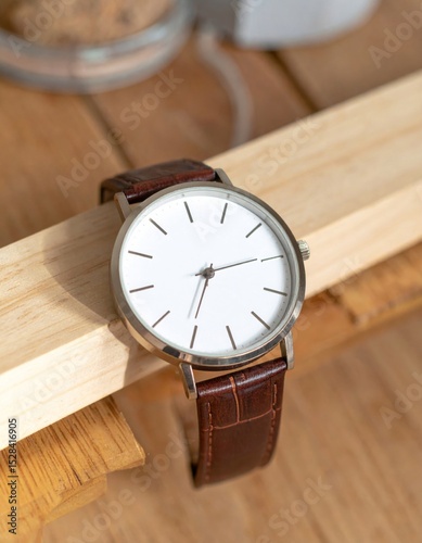 Wallpaper Mural Silver Minimalist Wristwatch with Brown Leather Strap on Light Wood Torontodigital.ca