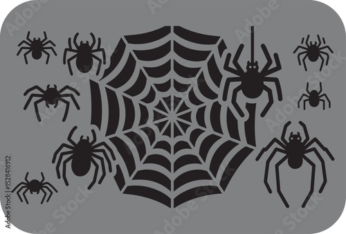 Spooky Halloween Spider Web Design with Eight Legged Creatures Silhouetted Against a Gray Background Perfect for Holiday Decorations and Creepy Crawly Themed Projects Black