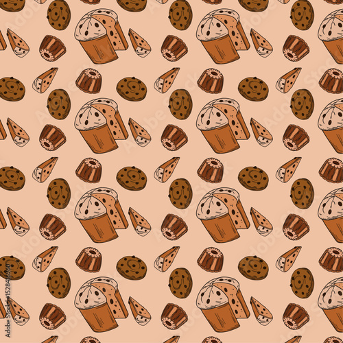 Sweet bakery seamless background pattern wallpaper with different types of baking products. Bakery shop and cafeteria restaurant decoration
