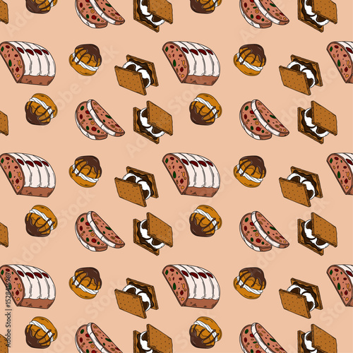 Sweet bakery seamless background pattern wallpaper with different types of baking products. Bakery shop and cafeteria restaurant decoration