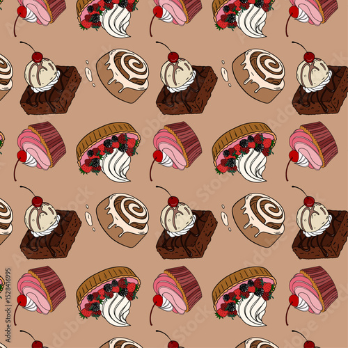Sweet bakery seamless background pattern wallpaper with different types of baking products. Bakery shop and cafeteria restaurant decoration