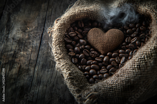 Cup of coffee with heart shape smoke and coffee beans on burlap sack on old wooden background