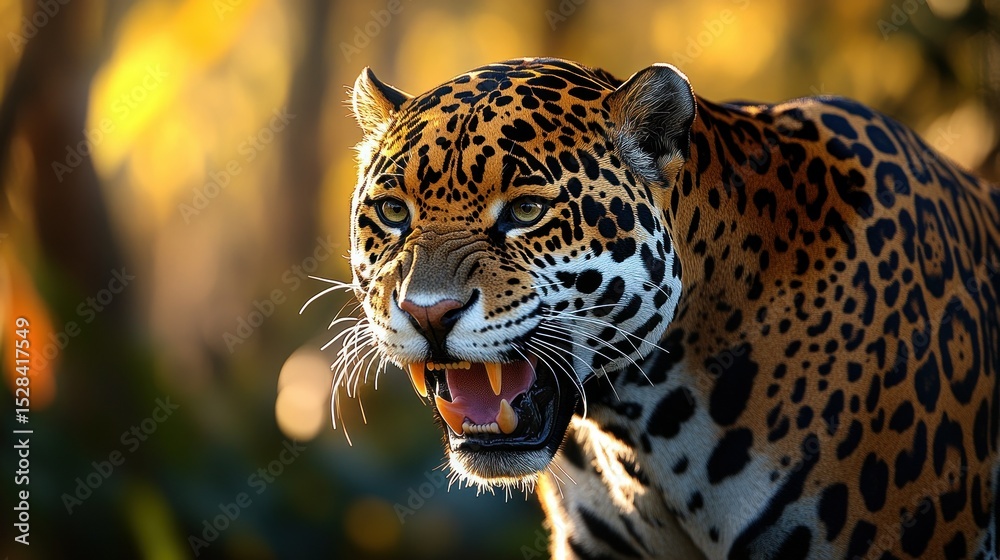 Obraz premium Fierce jaguar portrait in golden sunlight