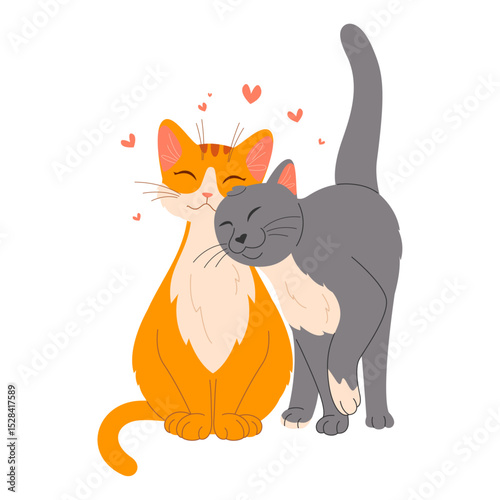 Cute illustration of two cuddling cats, orange and gray, surrounded by hearts. Ideal for Valentine's Day, romantic themes, or pet-related projects.