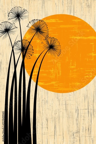 Dandelion Silhouettes Against an Orange Sun on Textured Beige Background