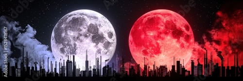 Dual Moon Pixel Art Cityscape Silhouette with Industrial Smoke And Starry Night