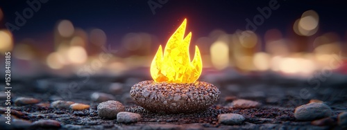 Glowing Orange Flame on Textured Stone Base at Night with City Lights