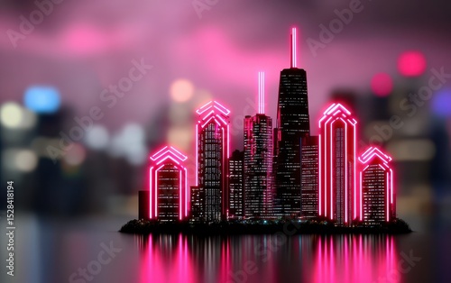 Futuristic Cityscape with Pink Neon Lights at Night