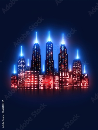 Vibrant Night Cityscape with Glowing Red and Blue Lights