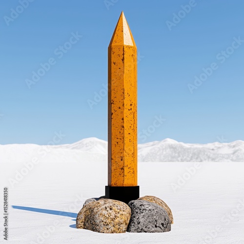 Yellow Pencil Standing on Rocks in Snow Field Against Clear Blue Sky Winter Landscape