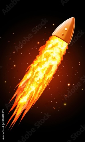 Pixelated Orange Bullet with Fiery Trail Hurtling Down on Black Background with Sparkles