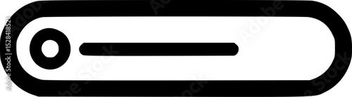 A simple black and white graphic depicting a horizontal bar with a circle at one end, resembling a minimalist control or indicator.