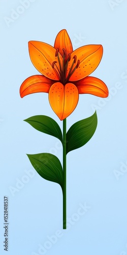 Vibrant Orange Lily Illustration with Detailed Petals and Lush Green Leaves