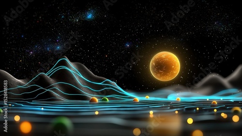 Abstract Pixelated Landscape with Black Mountains Cyan Lines and a Yellow Sphere Under Dark Starry Sky