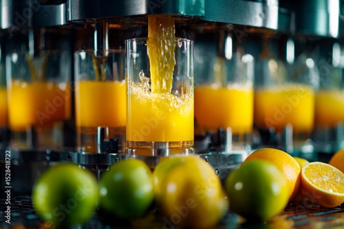 Fototapeta Naklejka Na Ścianę i Meble -  An industrial juicer processes limes and lemons, pouring vibrant orange juice into glasses. Fresh fruits surround the machine, capturing the essence of a lively beverage kitchen