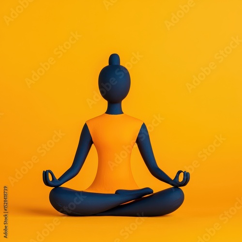 Serene Dark Blue Yoga Figurine in Lotus Pose Against Vibrant Orange Background