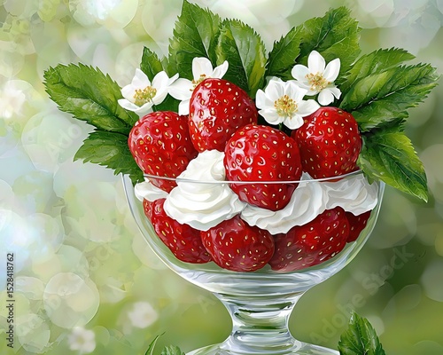 Ripe Red Strawberries and Whipped Cream in Glass Bowl