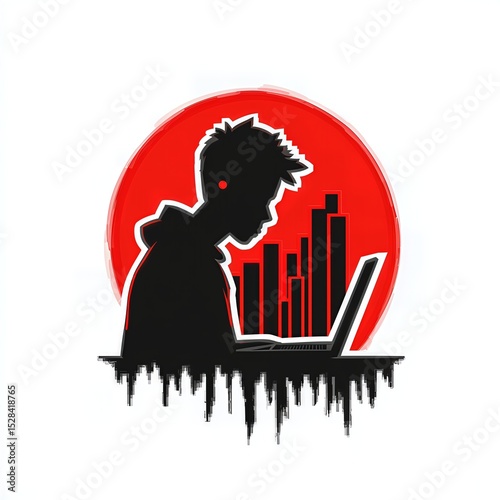 Silhouette of Person Working on Laptop Against Red Circle Background