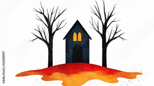 Dark House Amidst Bare Trees on Autumn Leaves Watercolor Illustration
