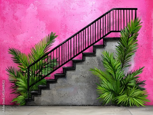 Concrete Staircase With Black Railing Surrounded by Tropical Plants and Pink Wall