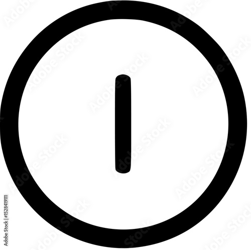 Simple, black and white graphic depicting a power button symbol, a circle with a vertical line.